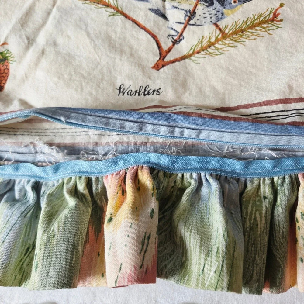 Handmade Warblers Bird Pillow Sham 22x22 Ruffle Cottagecore Nature Print Zipper